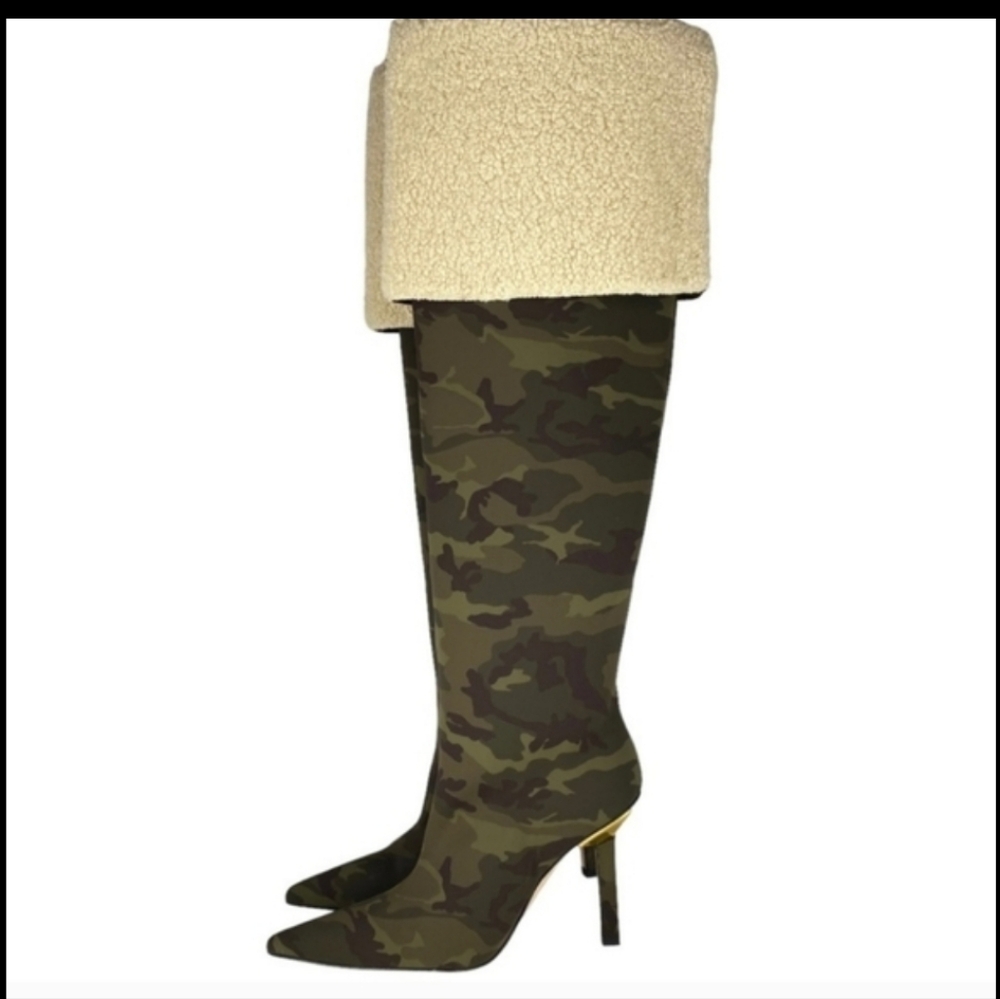 Good American Sherpa Camo OverThe Knee Boot Heel Sz 7.5